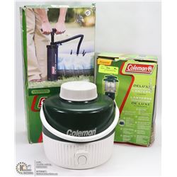 COLEMAN LANTERN, HAND PUMP, WATER JUG