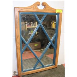 WOOD FRAMED LATTICE-STYLE MIRROR.