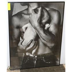 SHIRTLESS FATHER HOLDING HIS SON FRAMED PICTURE
