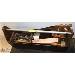 VINTAGE TOOL BOX WITH ASSORTED TOOLS.