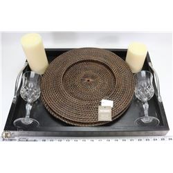 NEW SERVING TRAY, 2 RATAN CHARGERS, 2 WINE GLASSES