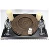 Image 1 : NEW SERVING TRAY, 2 RATAN CHARGERS, 2 WINE GLASSES