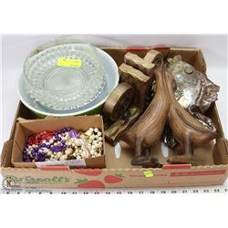 FLAT OF DECORATIVE ORNAMENTS, SERVING DISHES AND