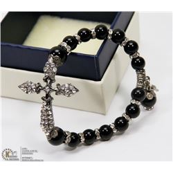 BLACK BEAD & CRYSTAL CROSS BRACELET