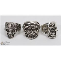 LOT OF 3 MENS SKULL BIKER RINGS