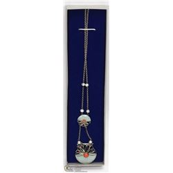 VINTAGE NECKLACE STERLING SILVER, CORAL, QUARTZ &