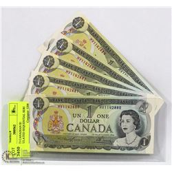 FIVE 1973 CANADIAN $1 UNCIRCULATED SEQUENTIAL SERI