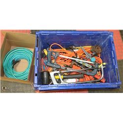 BIN WITH VARIOUS TOOLS, EXTENSION CORDS AND A