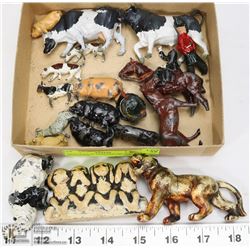TRAY LOT OF VINTAGE METAL AND OTHER FIGURINES.