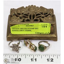 ESTATE BRASS STAMP BOX WITH JEWELLERY ITEMS,