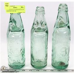 3 CODD BOTTLES INVENTED IN 1872, DESIGNED FOR THE