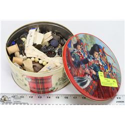 VINTAGE ESTATE COOKIE TIN FILLED WITH BUTTONS,