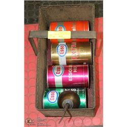 LOT OF 4 VINTAGE ESSO  OIL CANS WITH WIRE BASKET