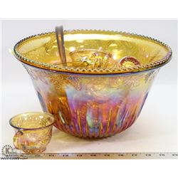 INDIANA GOLD IRIDESCENT CARNIVAL GLASS PUNCH BOWL