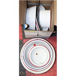 BOX FULL OF ENAMEL BOWLS, CHAMBER POTS