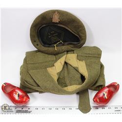 WWII ARMY JACKET AND BERET WITH PINS & PATCHES