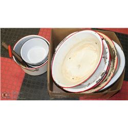 BOX FULL OF LARGE ENAMEL BOWLS & POTS