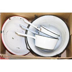 BOX OF VINTAGE ENAMEL POTS & BOWLS