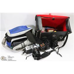 VINTAGE KONICA CAMERA WITH BAG OF MANY ACCESSORIES