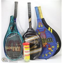 LOT OF 4 RACQUETS IN SLEEVES WITH TUBE OF TENNIS