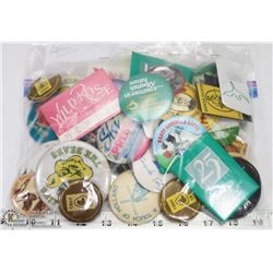 BAG OF 30+ VINTAGE BUTTONS AND PIN BACKS