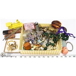 BOX LOT OF MISC. JEWELLERY , STRAIGHT RAZORS ,