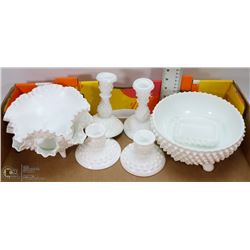 LOT OF 8 PIECES FENTON HOBNAIL 4 CANDLE HOLDERS,