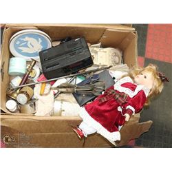 BOX OF ASSORTED ITEMS INCL DOLL, VINTAGE