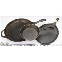 LOT OF 3 CAST IRON PANS INC. LODGE MADE IN USA