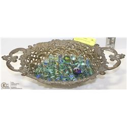 ANTIQUE BRASS BOWL WITH MARBLES