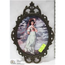 PINK LADY IN VINTAGE CURVED GLASS FRAME 12 X 17