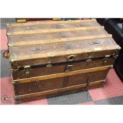 VINTAGE WOOD "TREASURE" CHEST  TRUNK WITH LEATHER