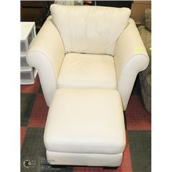BEIGE LEATHERETTE ARM CHAIR WITH MATCHING OTTOMAN