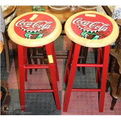 PAIR OF WOOD COCA COLA STOOLS