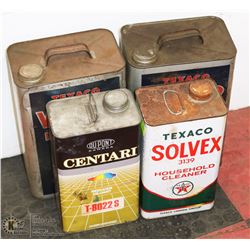 LOT OF 4 METAL SQUARE OLD CONTAINERS INCL TEXACO &