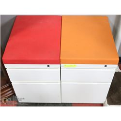 2 WHITE FILING CABINETS WITH ORANGE AND RED  CLOTH