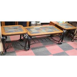 WOOD AND TILE TOP 3 PC COFFEE TABLE SET