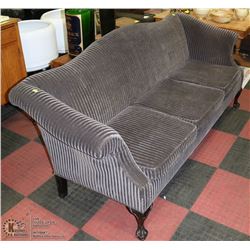 VINTAGE GREY STRIPED FABRIC CLAWFOOT SOFA