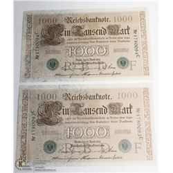 LOT OF 2 UNC 1910 GERMAN 1000 MARK BANK NOTES