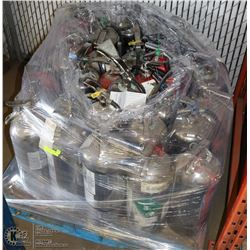PALLET OF ASSORTED SIZED FIRE EXTINGUISHERS.