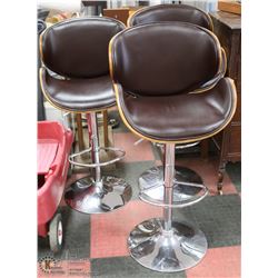 SET OF 3 HYDRAULIC LEATHER, WOOD & CHROME BAR