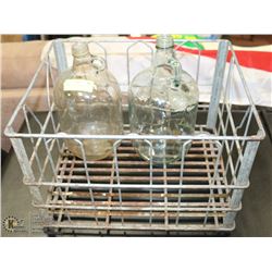 METAL MILK CRATE WITH 2 GAL JUGS