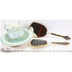 BRUSH & MIRROR VANITY SET AND BOWL & PITCHER.