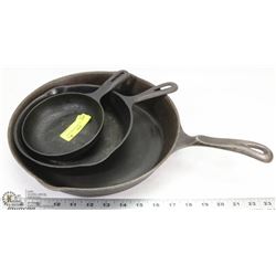 SET OF 3 CAST IRON FRYING PANS