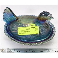 2PC BLUE HEN CARNIVAL GLASS BUTTER DISH.