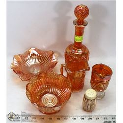 6PC MARIGOLD CARNIVAL GLASS DISHES INCL DECANTER,