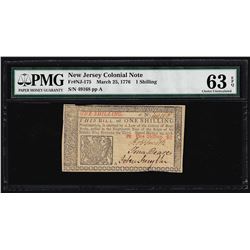 March 25, 1776 New Jersey 1 Shillings Colonial Note PMG Choice Uncirculated 63EP