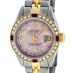 Rolex Ladies Two Tone 14K Ice Pink Diamond & Ruby Datejust Wristwatch