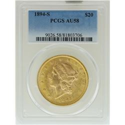 1894-S $20 Liberty Head Double Eagle Gold Coin PCGS AU58