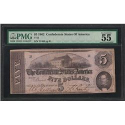 1862 $5 Confederate State of America Note T-53 PMG About Uncirculated 55